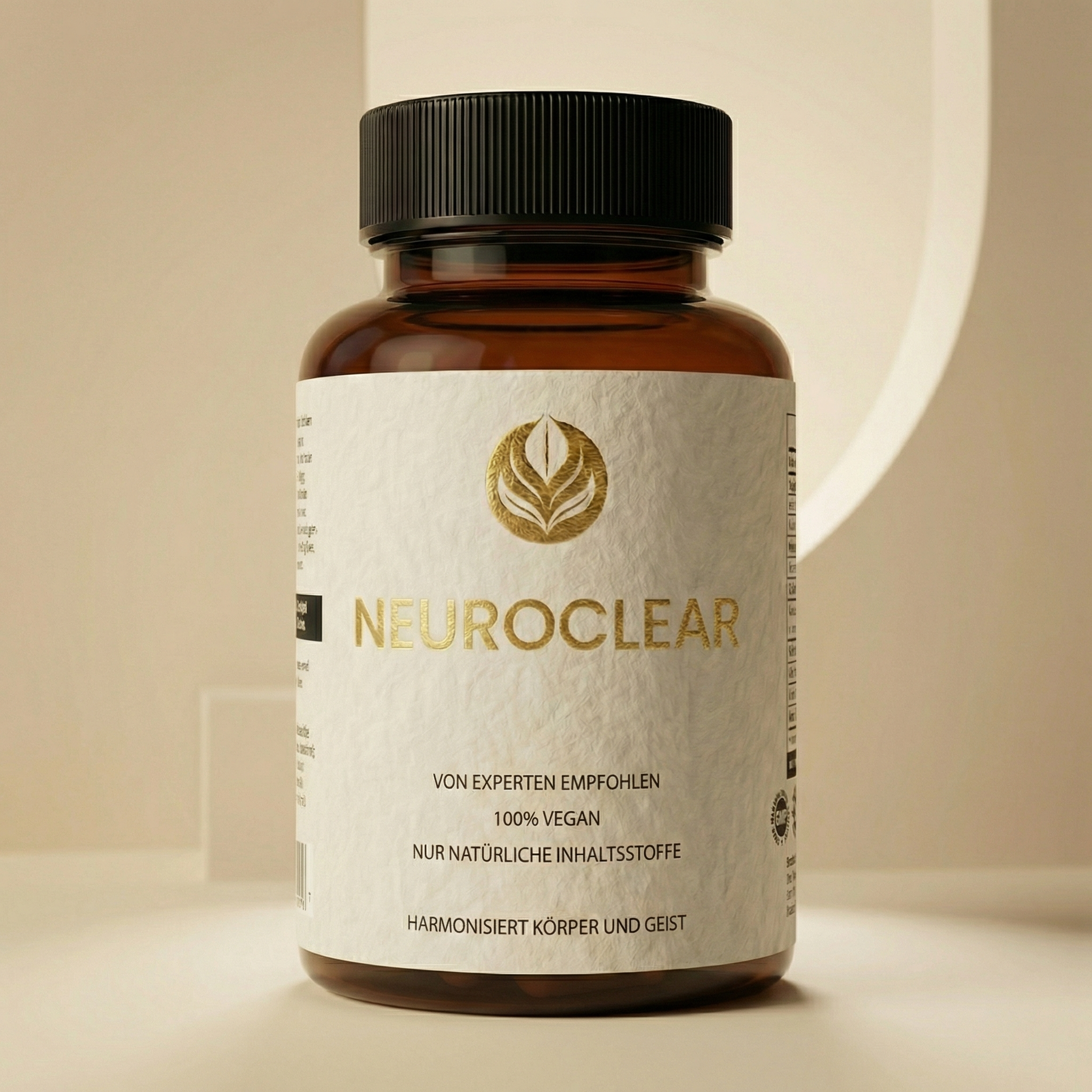 NeuroClear-Dose mit zwei Kapseln und einem Glas Wasser — 60 Kapseln für 30 Tage